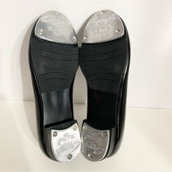 Capezio Tele Tone Tap Faux Patent Leather Tap Shoes Grosgrain Ribbon Trim Black - Picture 7 of 9
